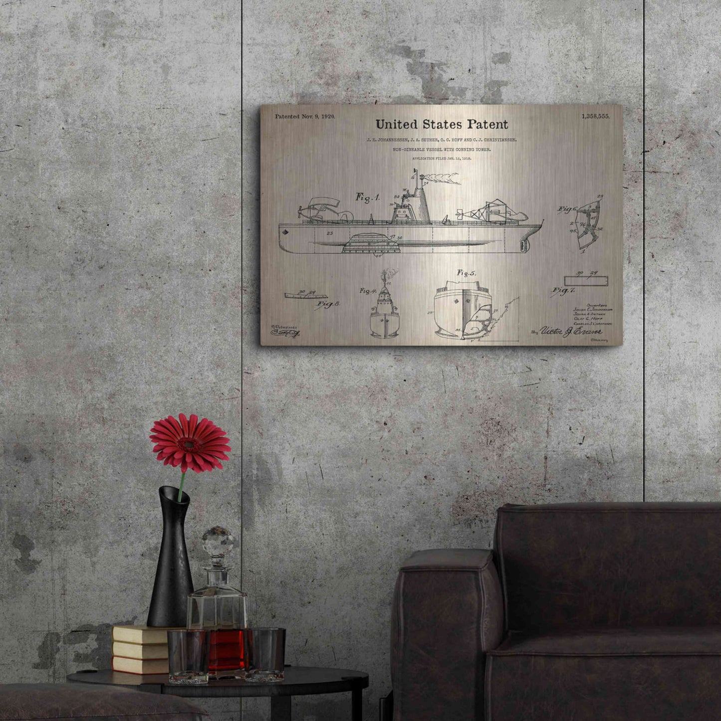 Luxe Metal Art 'Non-Sinkable Vessel Blueprint Patent Parchment,' Metal Wall Art,36x24