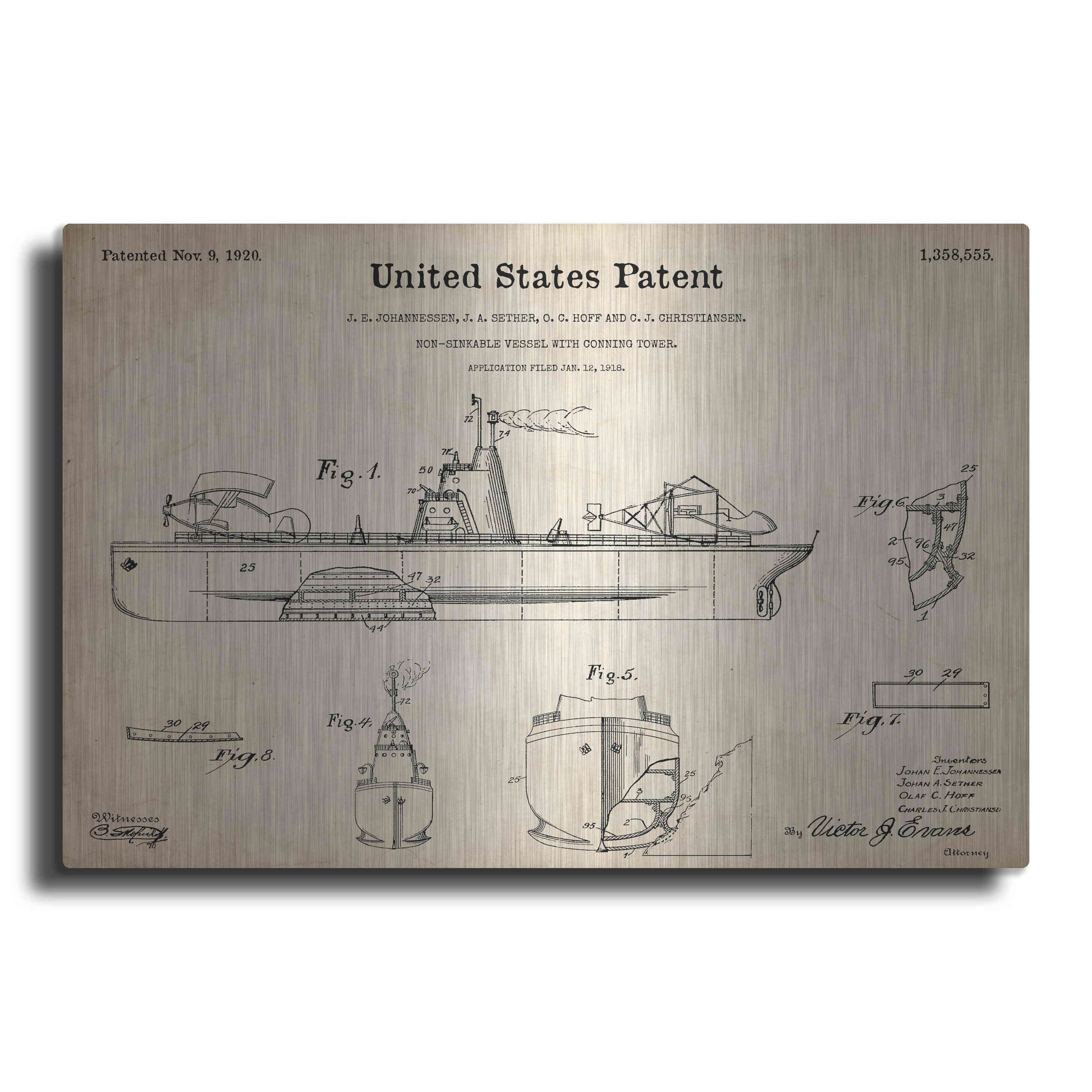 Luxe Metal Art 'Non-Sinkable Vessel Blueprint Patent Parchment,' Metal Wall Art