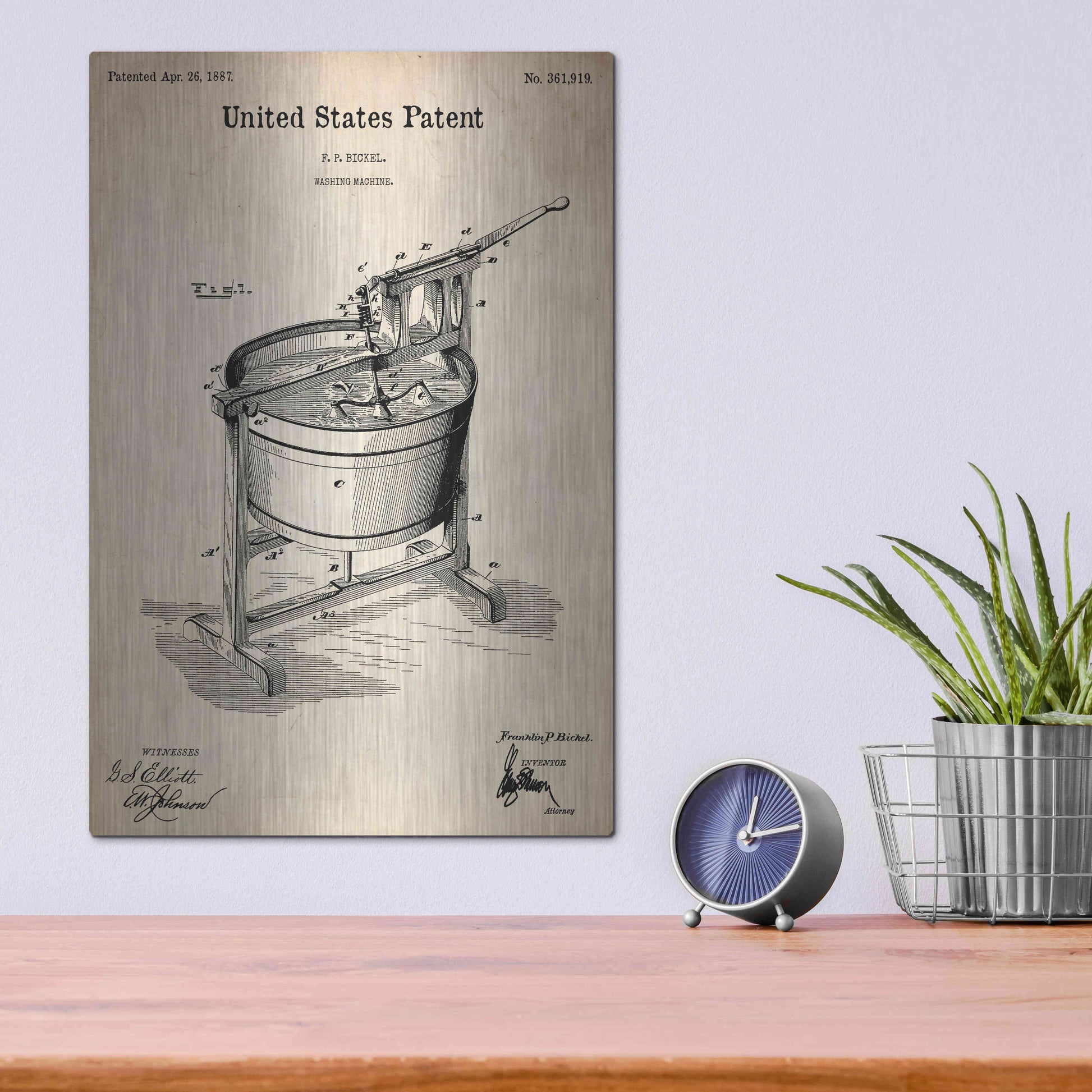 Luxe Metal Art 'Washing Machine Blueprint Patent Parchment,' Metal Wall Art,12x16