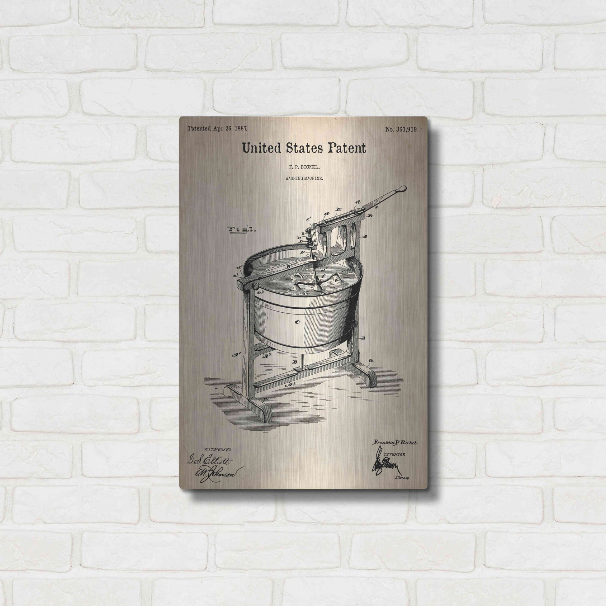 Luxe Metal Art 'Washing Machine Blueprint Patent Parchment,' Metal Wall Art,16x24