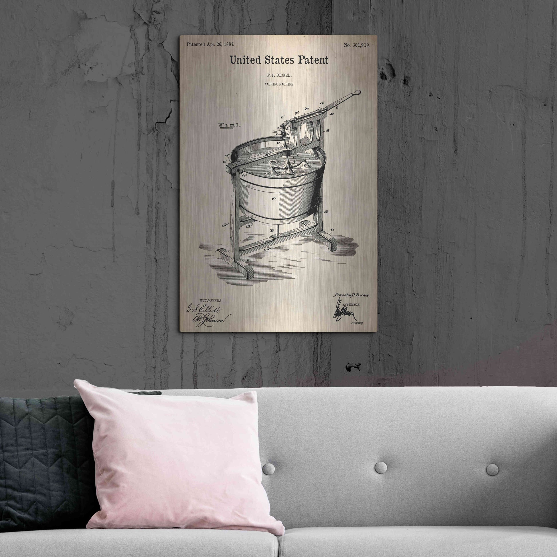 Luxe Metal Art 'Washing Machine Blueprint Patent Parchment,' Metal Wall Art,24x36