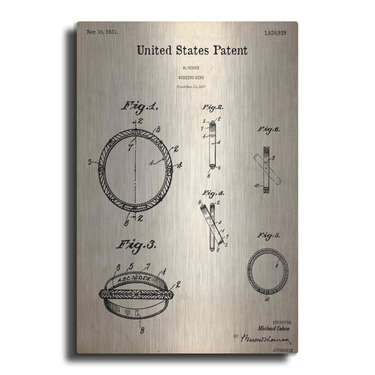 Luxe Metal Art 'Wedding Ring Blueprint Patent Parchment,' Metal Wall Art