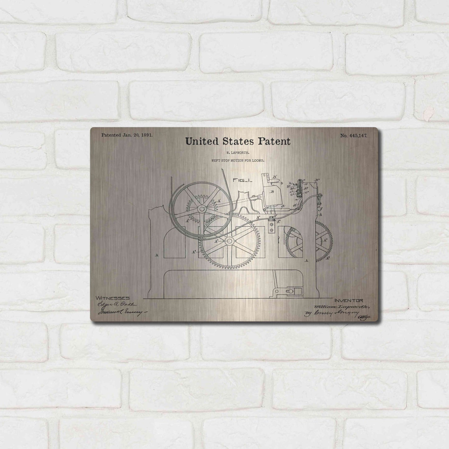 Luxe Metal Art 'Weft Stop Motion for Looms Blueprint Patent Parchment,' Metal Wall Art,16x12