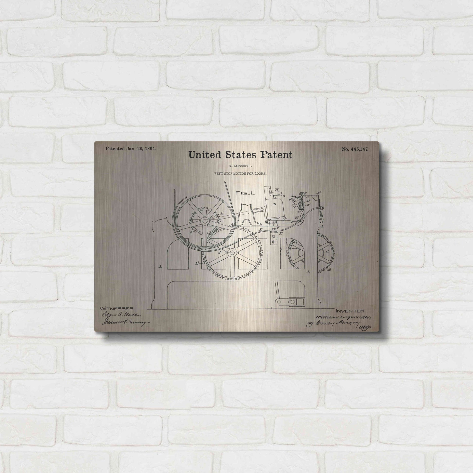 Luxe Metal Art 'Weft Stop Motion for Looms Blueprint Patent Parchment,' Metal Wall Art,24x16