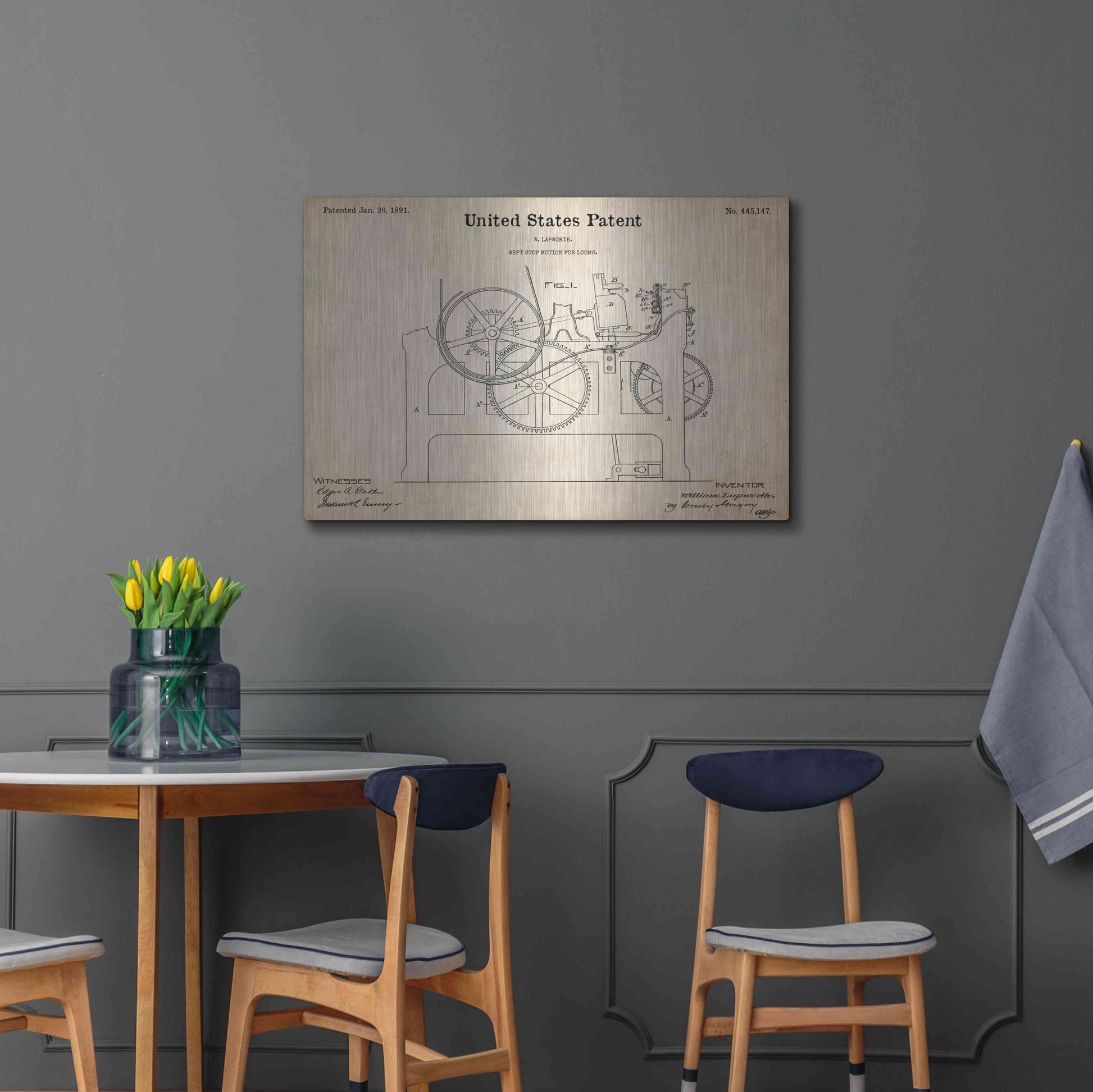 Luxe Metal Art 'Weft Stop Motion for Looms Blueprint Patent Parchment,' Metal Wall Art,36x24