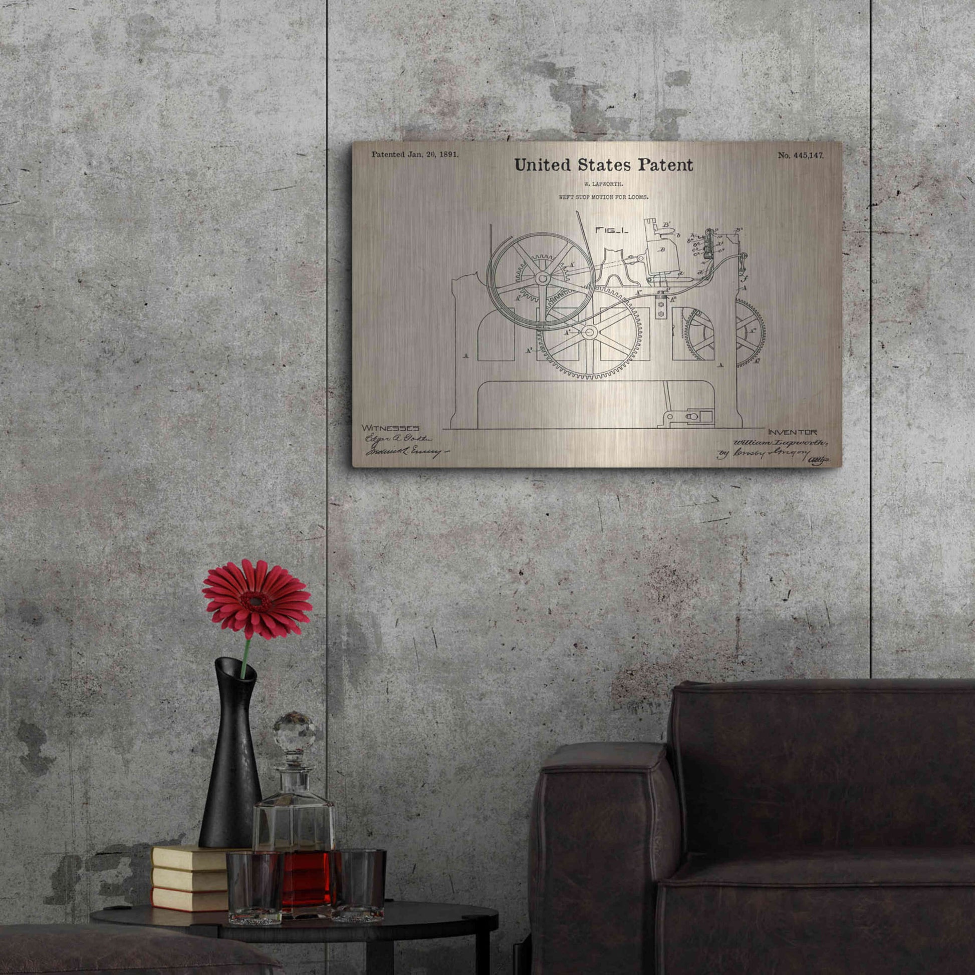 Luxe Metal Art 'Weft Stop Motion for Looms Blueprint Patent Parchment,' Metal Wall Art,36x24