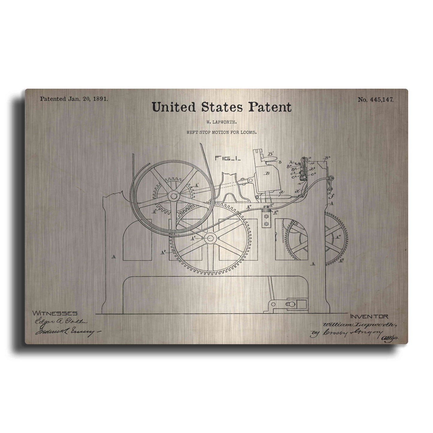 Luxe Metal Art 'Weft Stop Motion for Looms Blueprint Patent Parchment,' Metal Wall Art