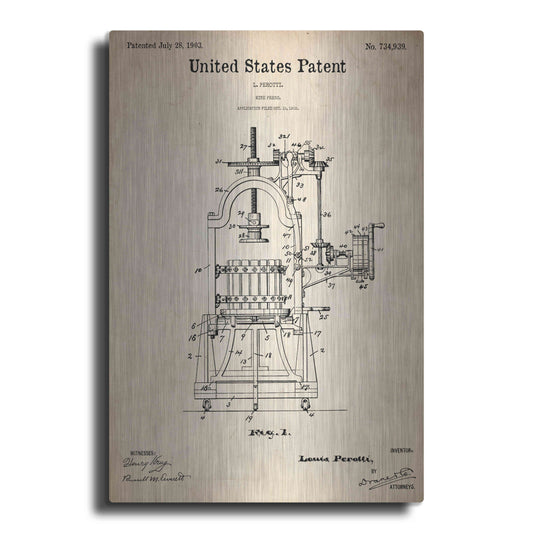 Luxe Metal Art 'Wine Press Blueprint Patent Parchment,' Metal Wall Art