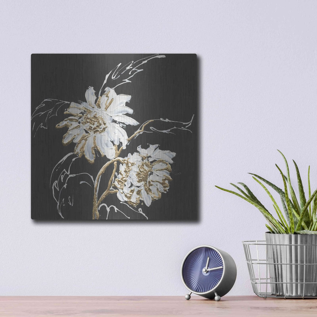 'Gilded Sunflowers' by Chris Paschke – Metal Wall Art, 12x12 room view