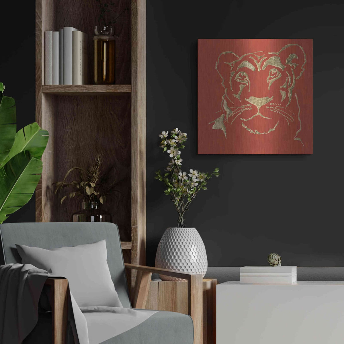 'Gilded Lioness on Red Pillow' by Chris Paschke – Metal Wall Art, 24x24 room view
