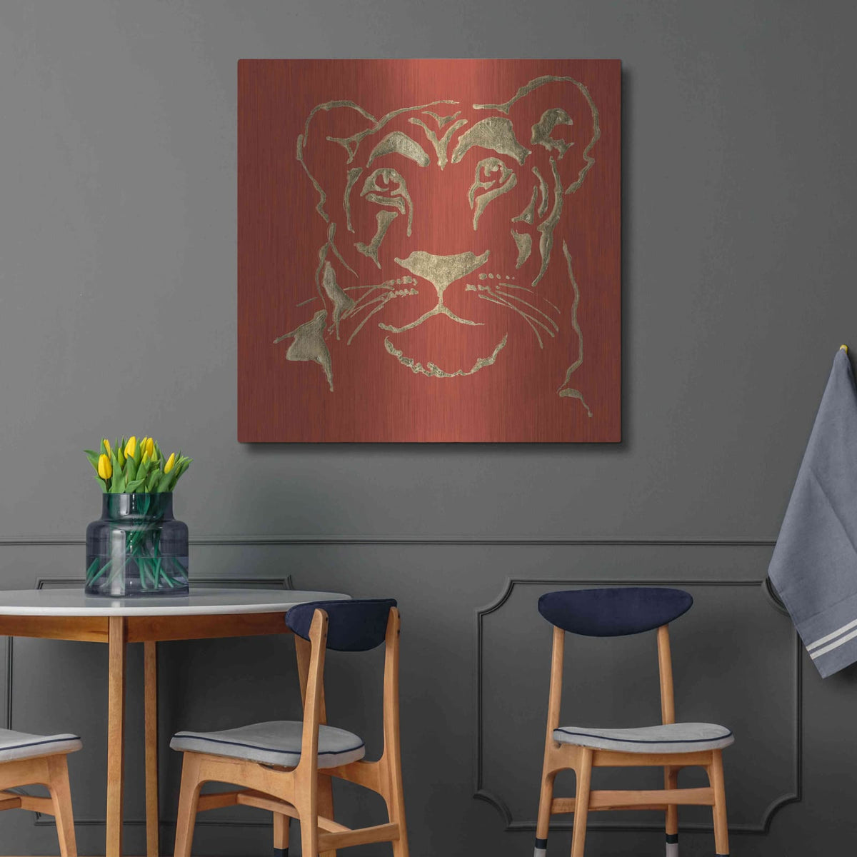 'Gilded Lioness on Red Pillow' by Chris Paschke – Metal Wall Art, 36x36 room view