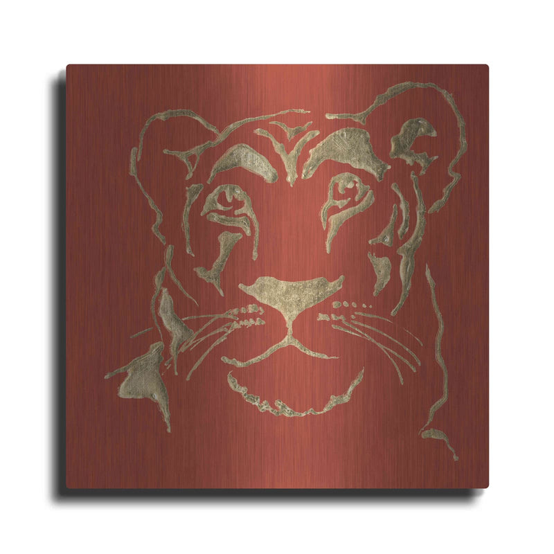 'Gilded Lioness on Red Pillow' by Chris Paschke – Metal Wall Art