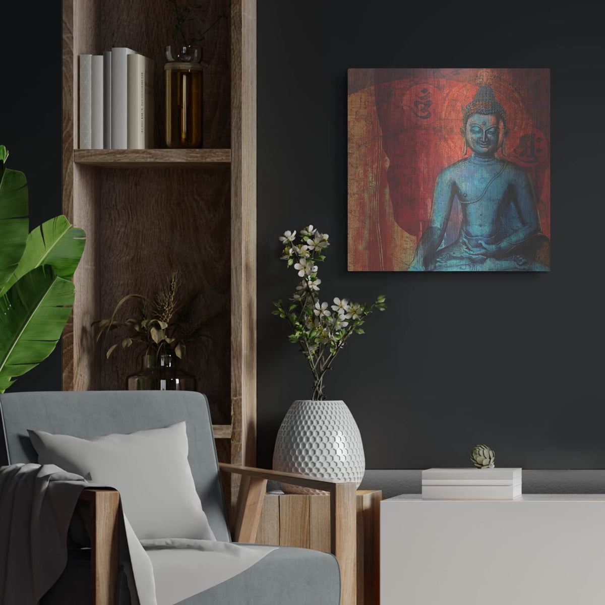 'Blue Buddha' by Elena Ray – Metal Wall Art, 24x24 room view
