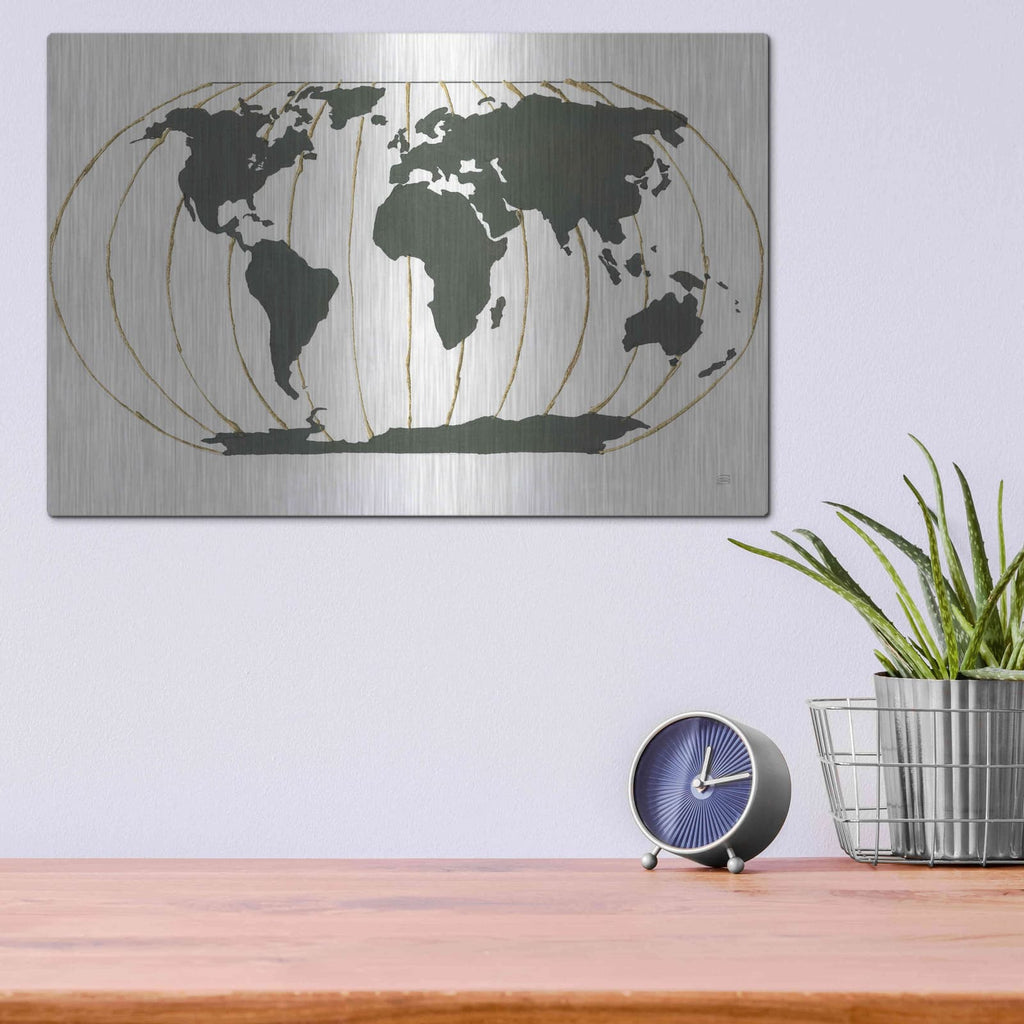 'World Map Gold Lines' by Chris Paschke – Metal Wall Art, 16x12 room view