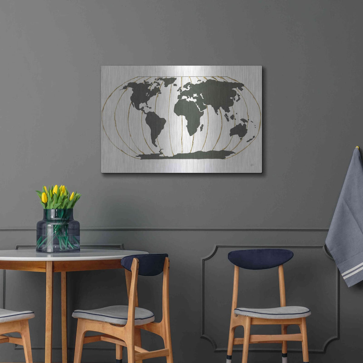 'World Map Gold Lines' by Chris Paschke – Metal Wall Art, 36x24 room view