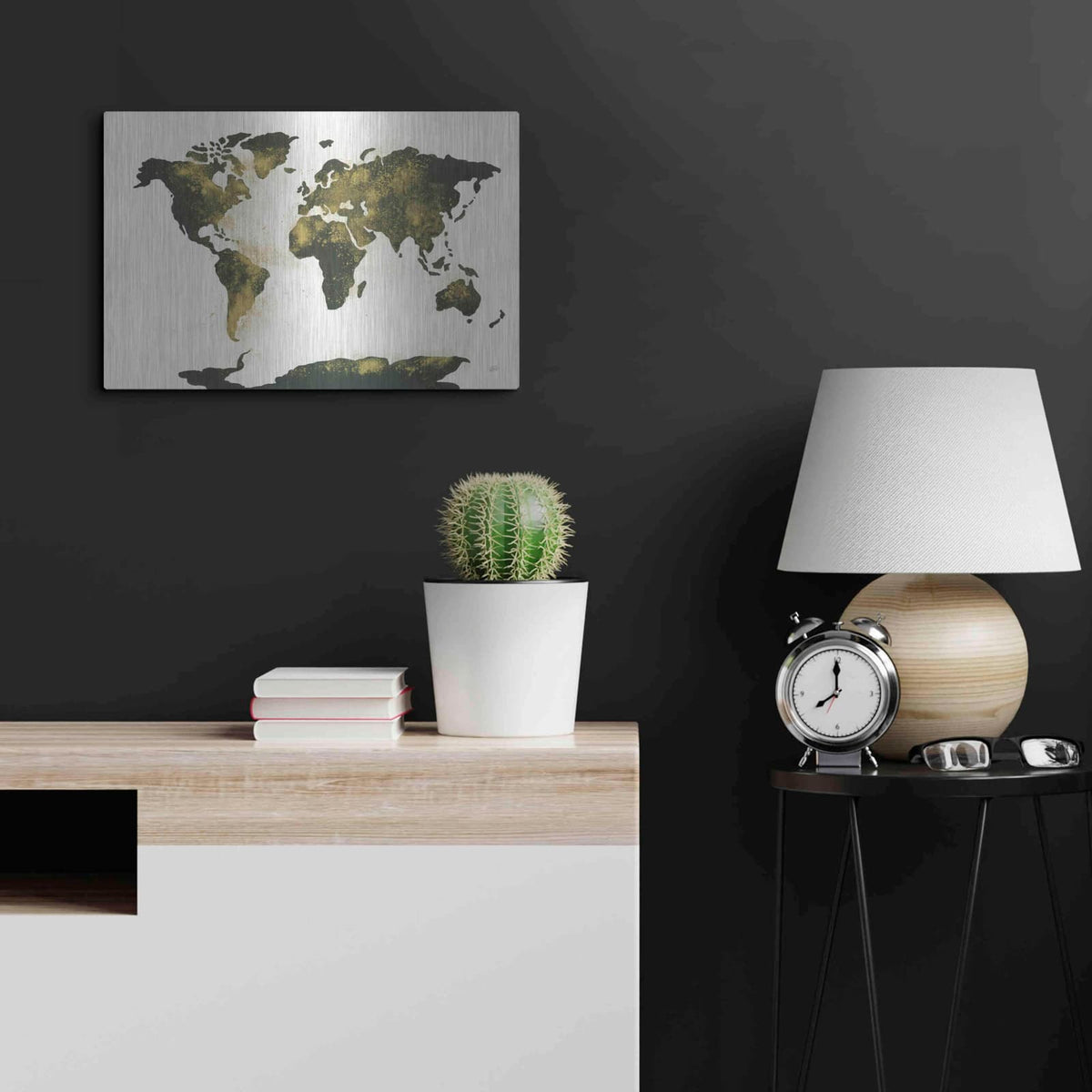 'World Map Gold Dust' by Chris Paschke – Metal Wall Art, 24x16 room view