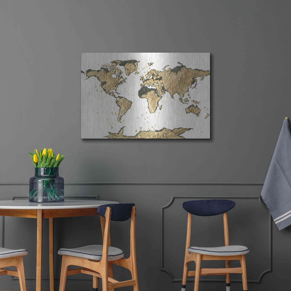 'World Map Gold Leaf' by Chris Paschke – Metal Wall Art, 36x24 room view