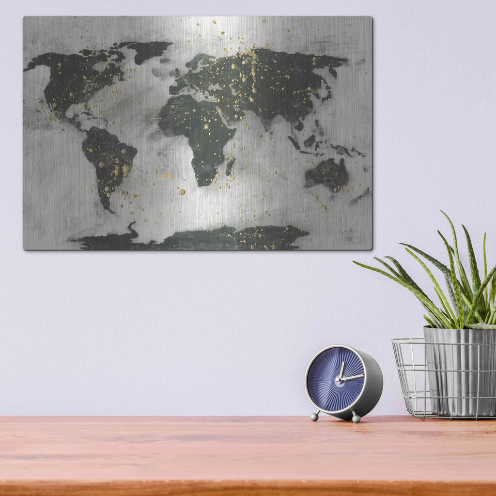 'World Map Gold Speckle' by Chris Paschke – Metal Wall Art, 16x12 room view