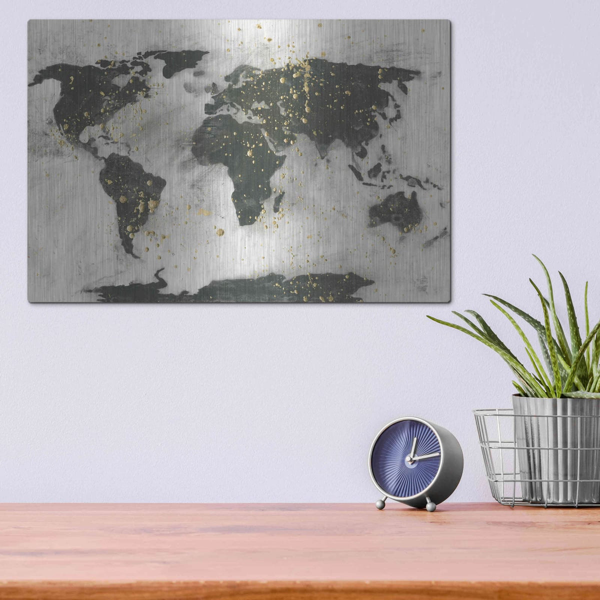 'World Map Gold Speckle' by Chris Paschke – Metal Wall Art, 16x12 room view