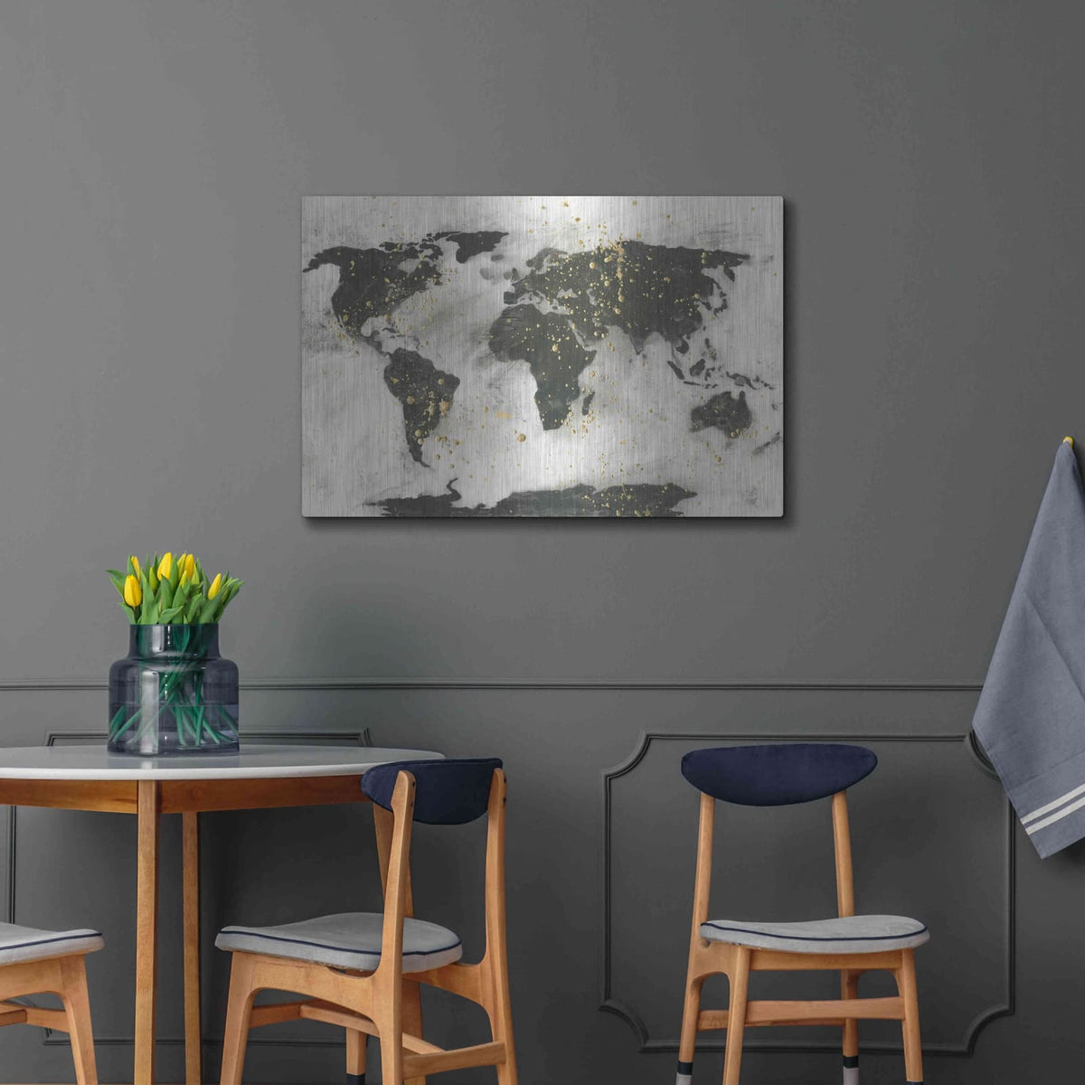 'World Map Gold Speckle' by Chris Paschke – Metal Wall Art, 36x24 room view