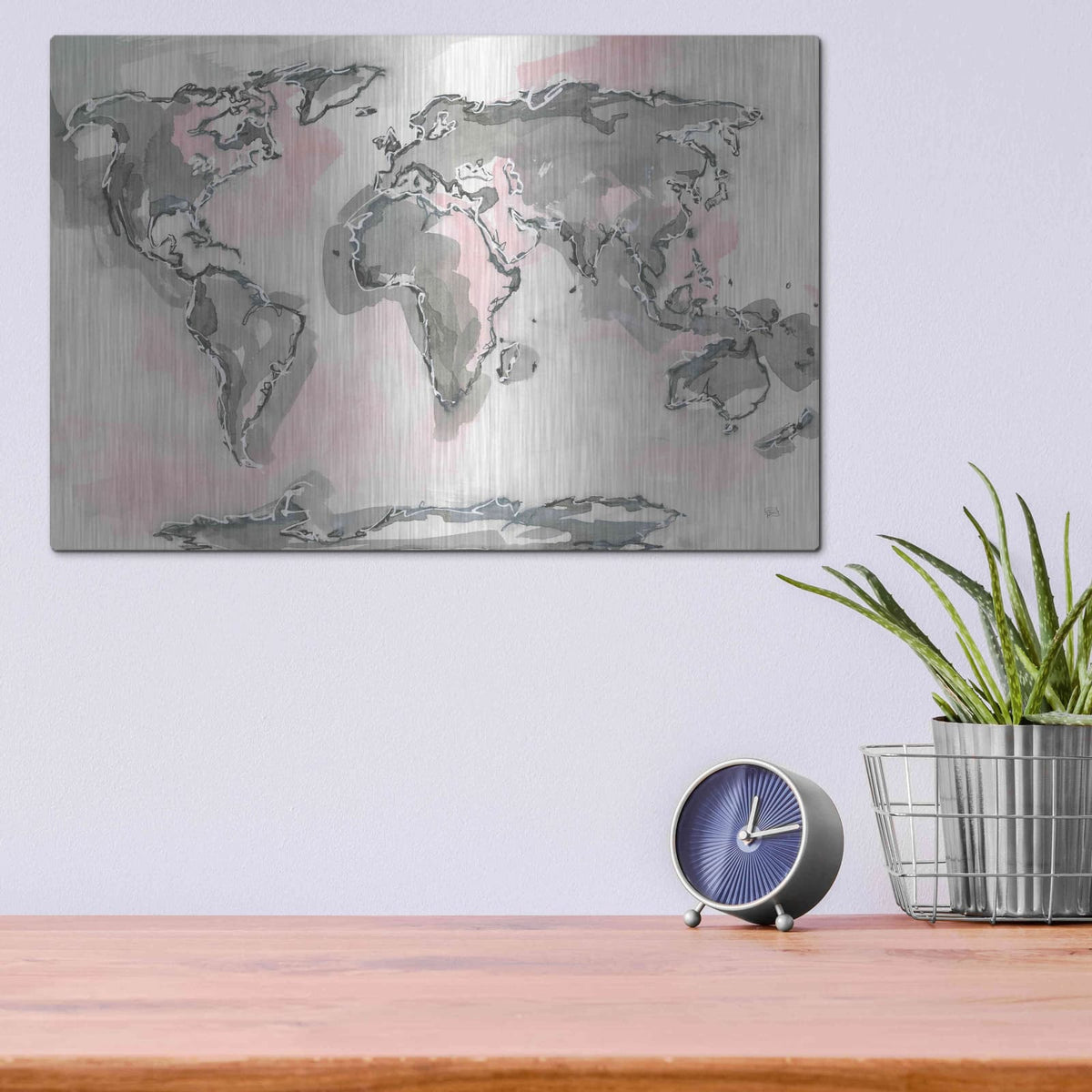 'World Map Blush' by Chris Paschke – Metal Wall Art, 16x12 room view