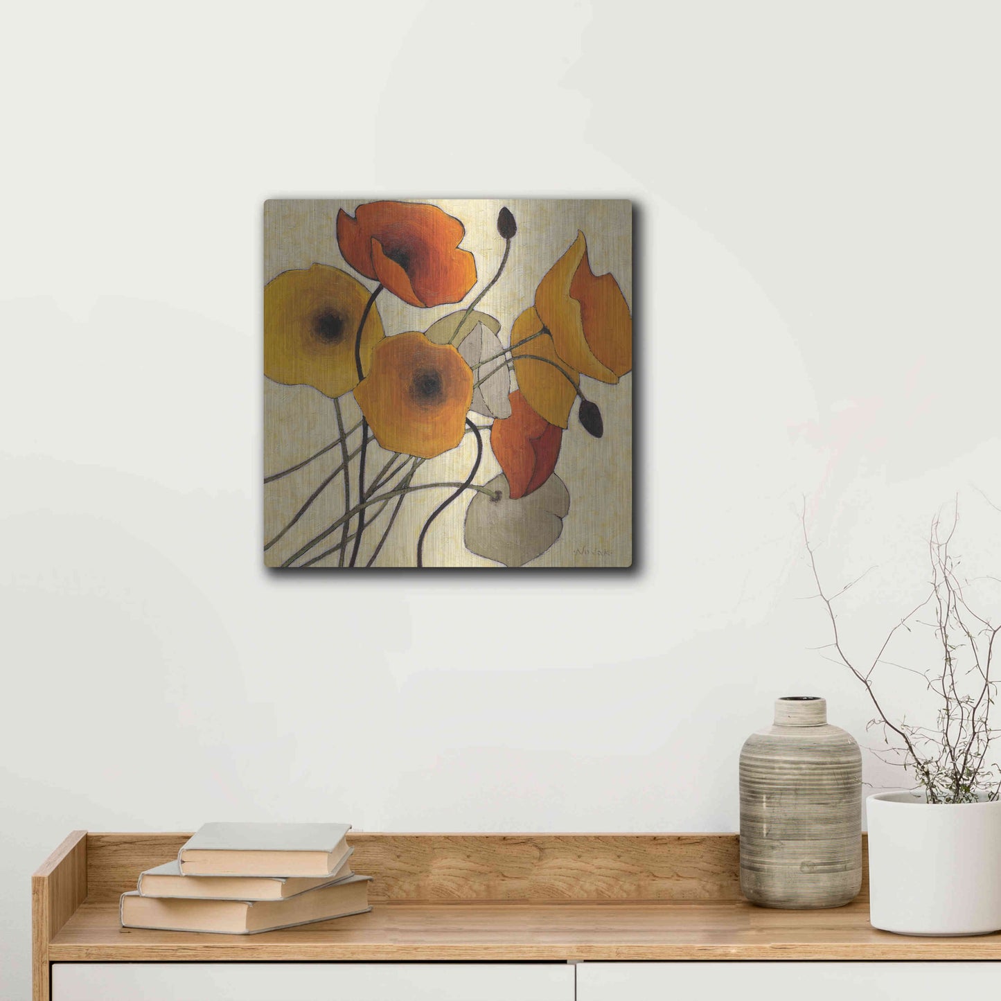 Luxe Metal Art 'Pumpkin Poppies II' by Shirley Novak, Metal Wall Art,12x12