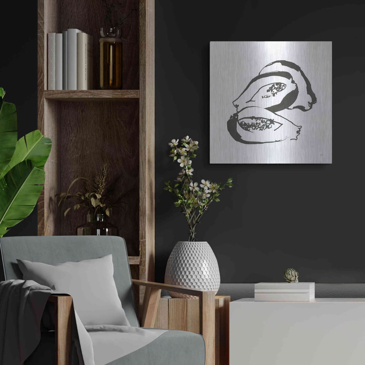 'Papaya BW' by Chris Paschke – Metal Wall Art, 24x24 room view