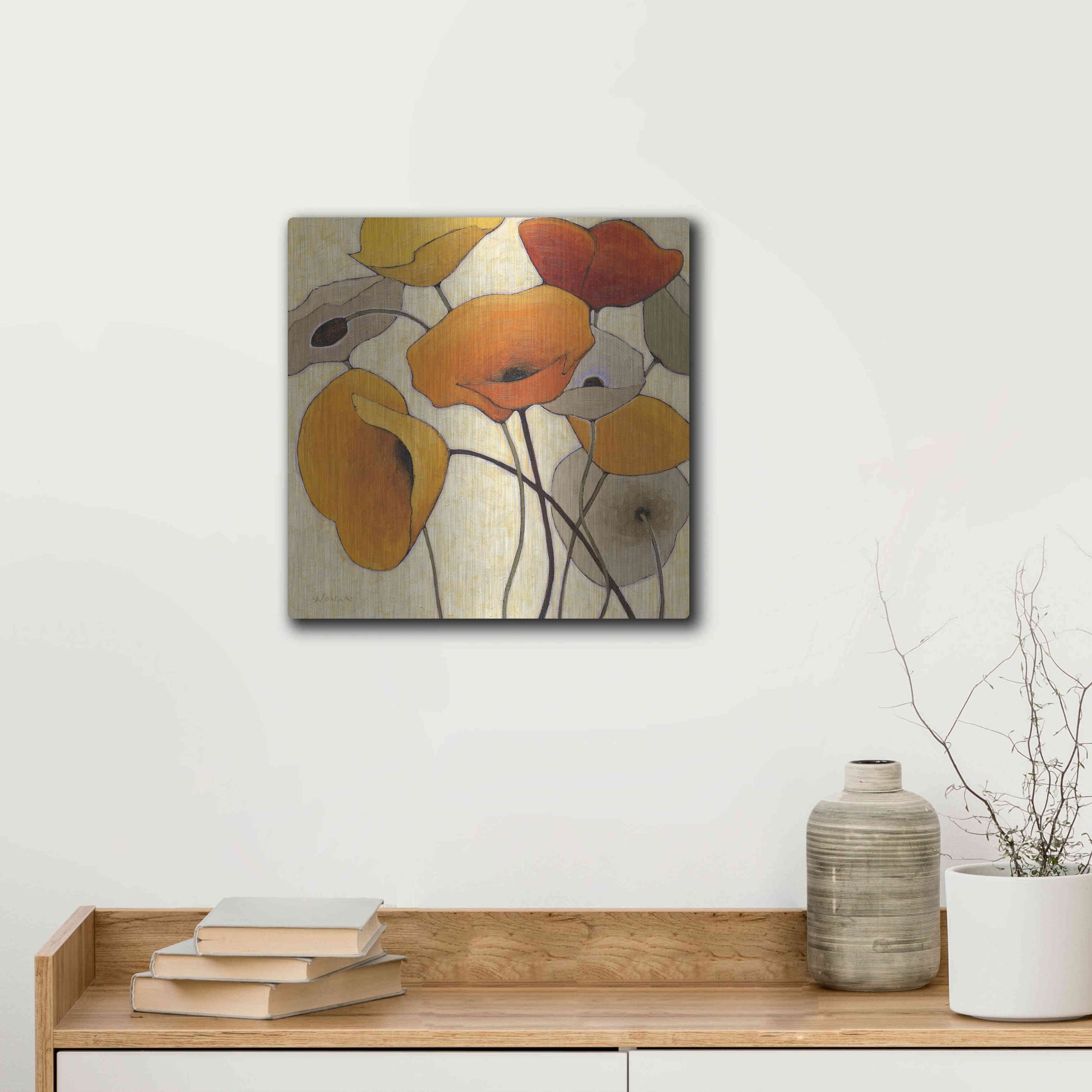 Luxe Metal Art 'Pumpkin Poppies III' by Shirley Novak, Metal Wall Art,12x12