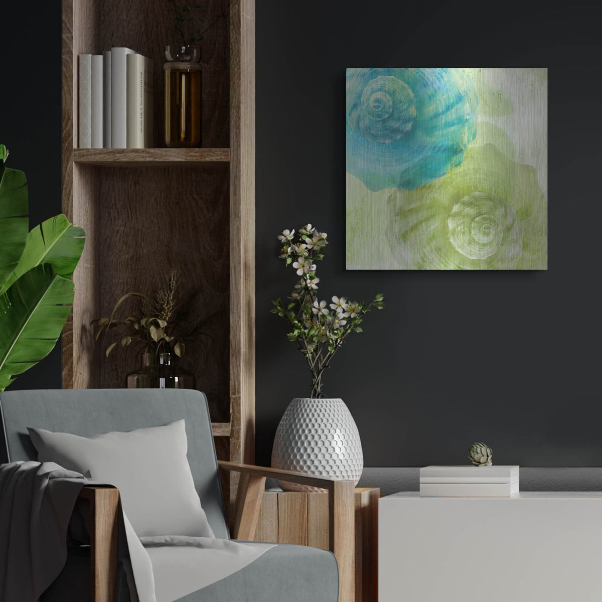 'Luminous Seashells 3' by Elena Ray – Metal Wall Art, 24x24 room view
