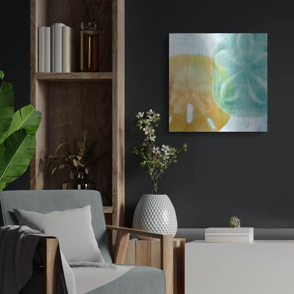'Luminous Seashells' by Elena Ray – Metal Wall Art, 24x24 room view