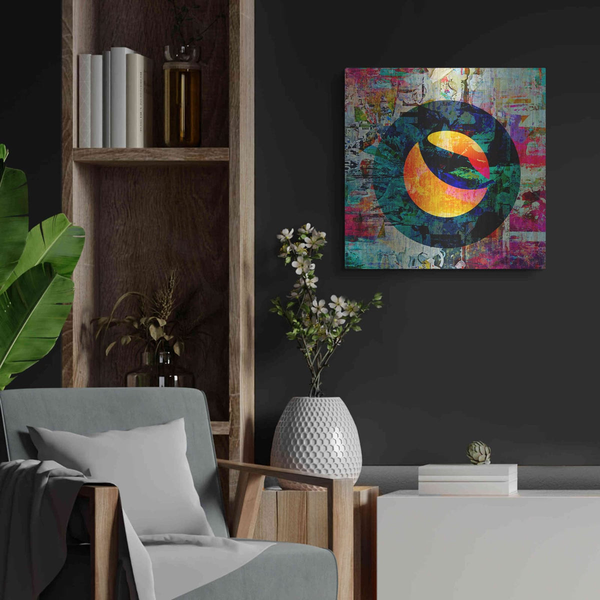 'Luna Terra Crypto In Color' by Valentyn Artemenko – Metal Wall Art, 24x24 room view
