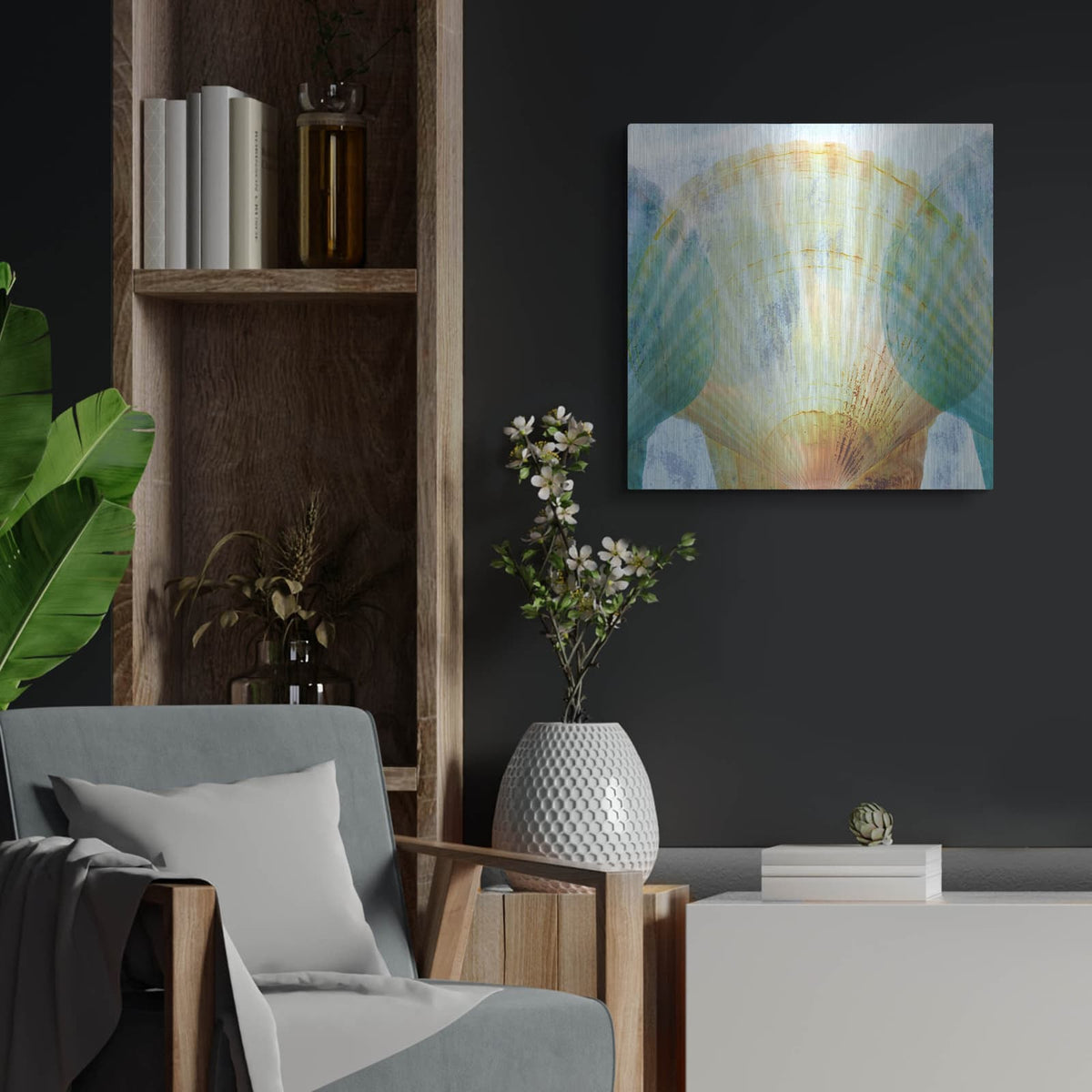 'Luminous Seashells 2' by Elena Ray – Metal Wall Art, 24x24 room view