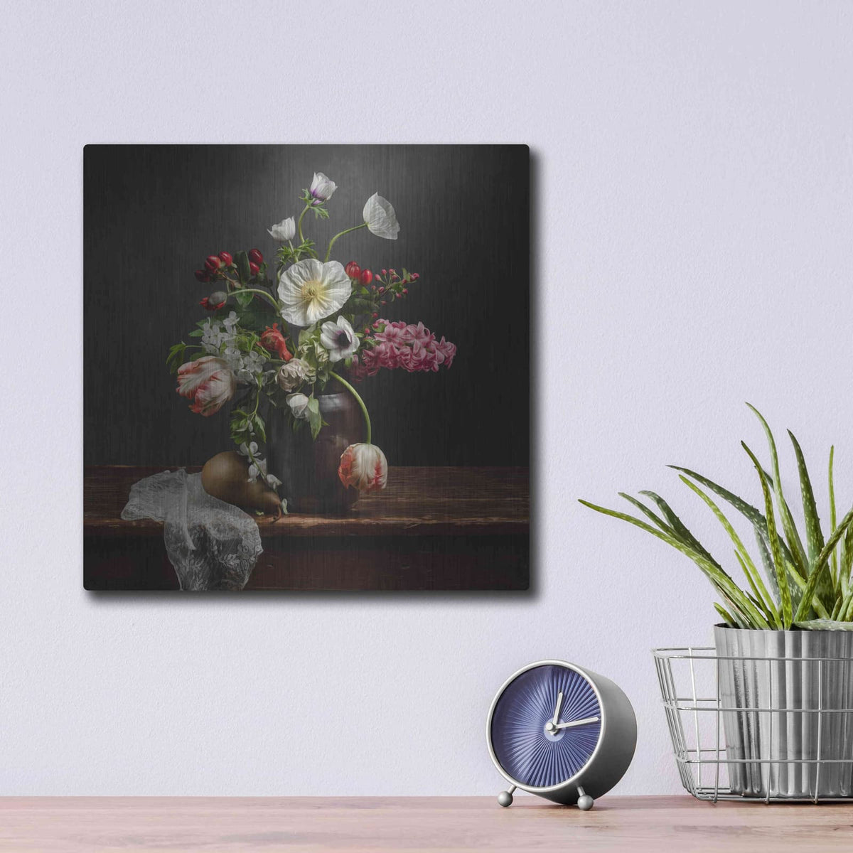'Pear And Parrot Tulip Still Life' by Leah McLean – Metal Wall Art, 12x12 room view