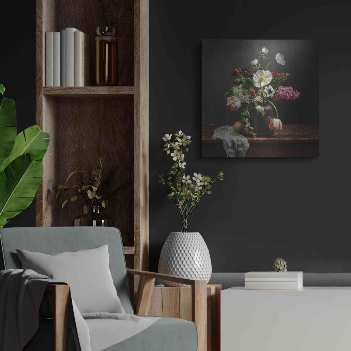 'Pear And Parrot Tulip Still Life' by Leah McLean – Metal Wall Art, 24x24 room view