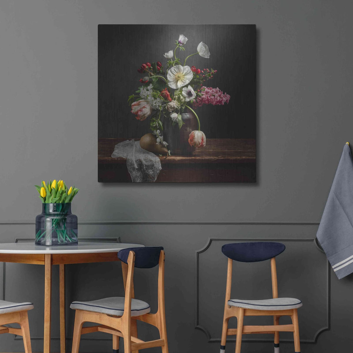 'Pear And Parrot Tulip Still Life' by Leah McLean – Metal Wall Art, 36x36 room view