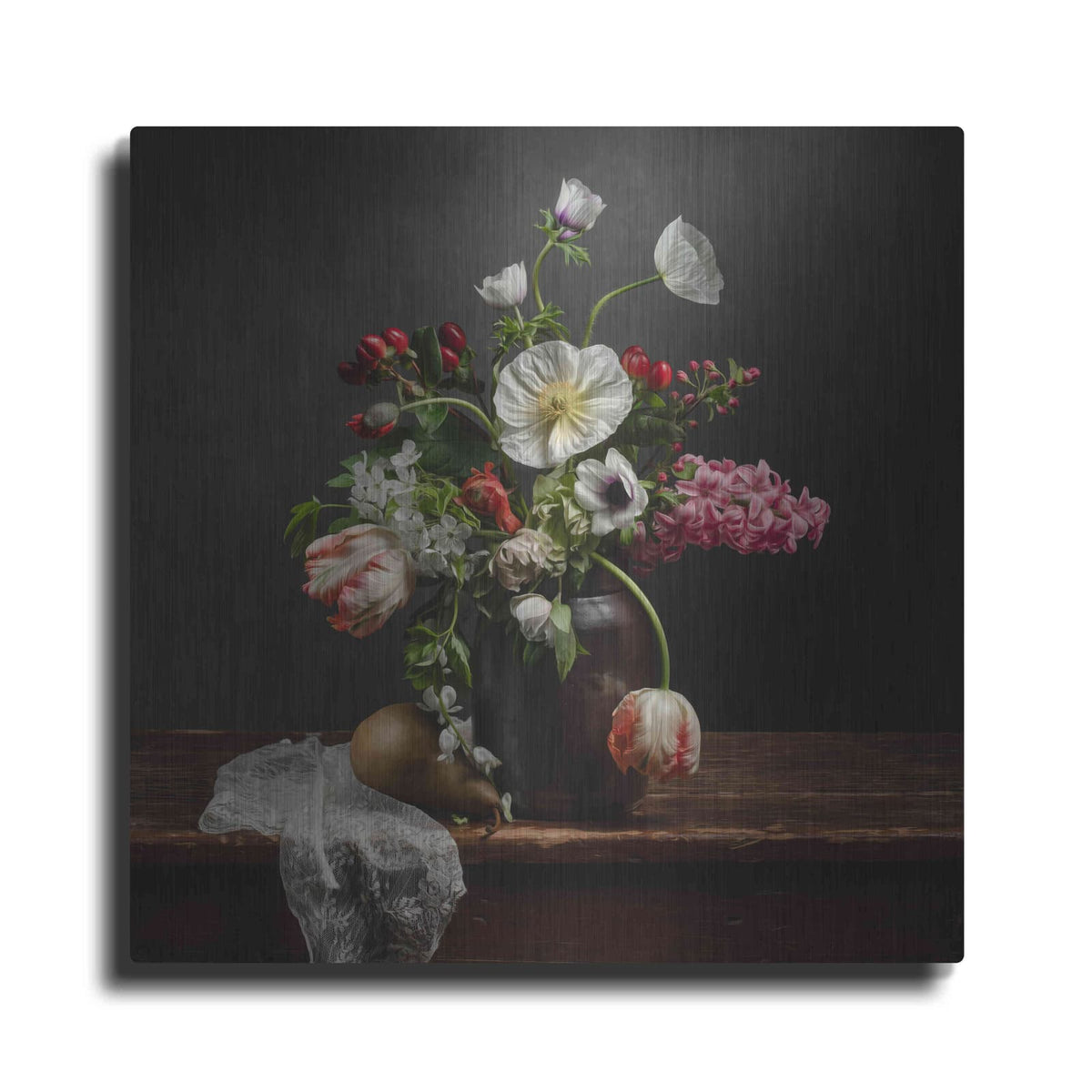 'Pear And Parrot Tulip Still Life' by Leah McLean – Metal Wall Art