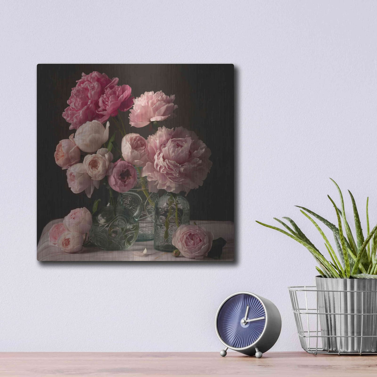 'Rose And Peony Dark Duet' by Leah McLean – Metal Wall Art, 12x12 room view