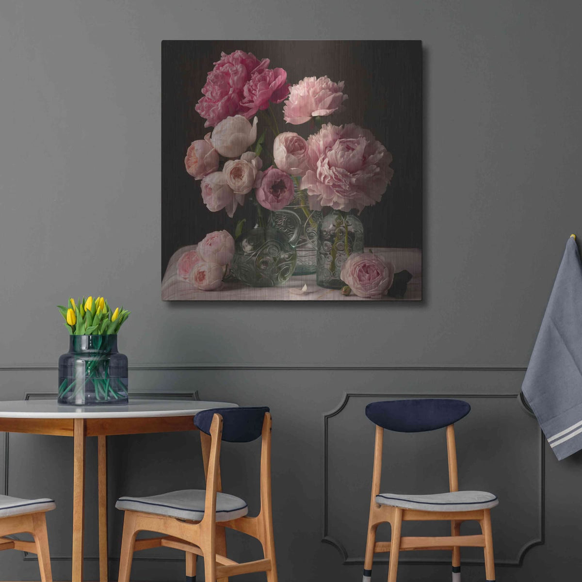 'Rose And Peony Dark Duet' by Leah McLean – Metal Wall Art, 36x36 room view