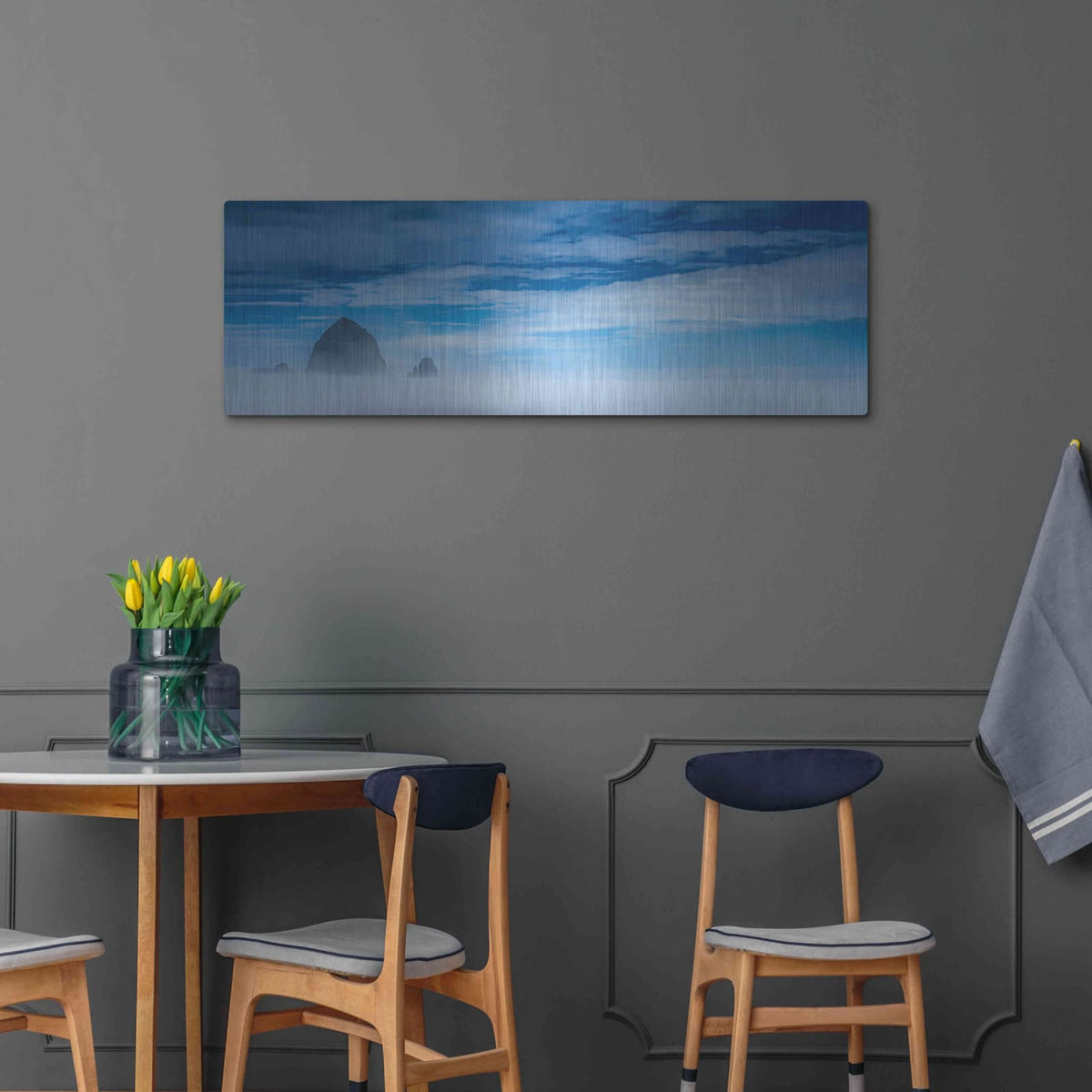 'Haystack Rock In The Mist' by Don Schwartz – Metal Wall Art, 48x16 room view