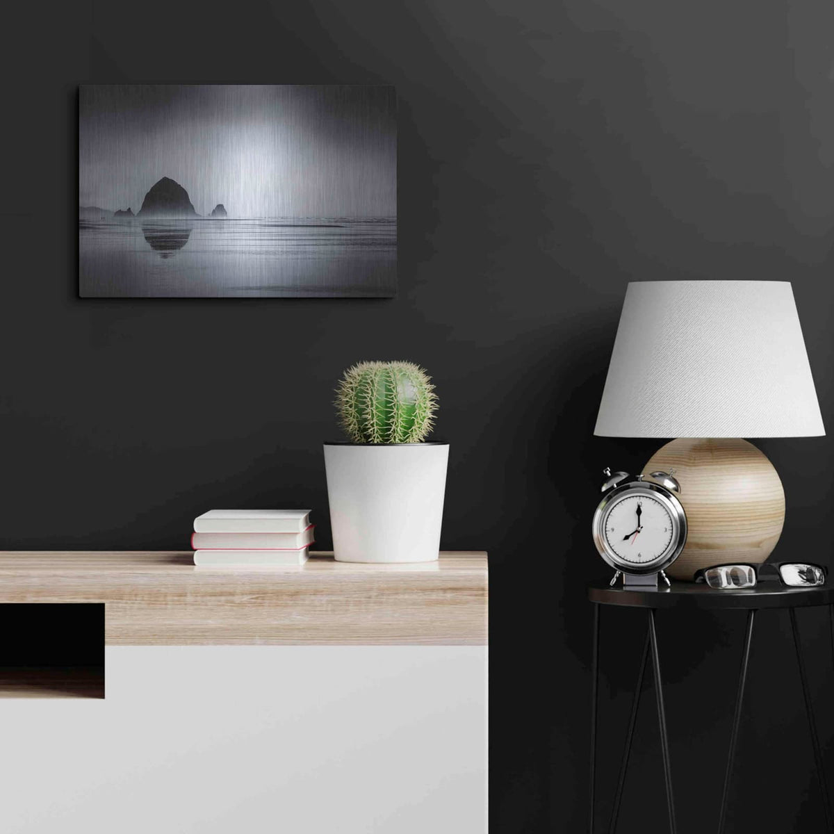 'Fog Surrounds Haystack Rock' by Don Schwartz – Metal Wall Art, 24x16 room view