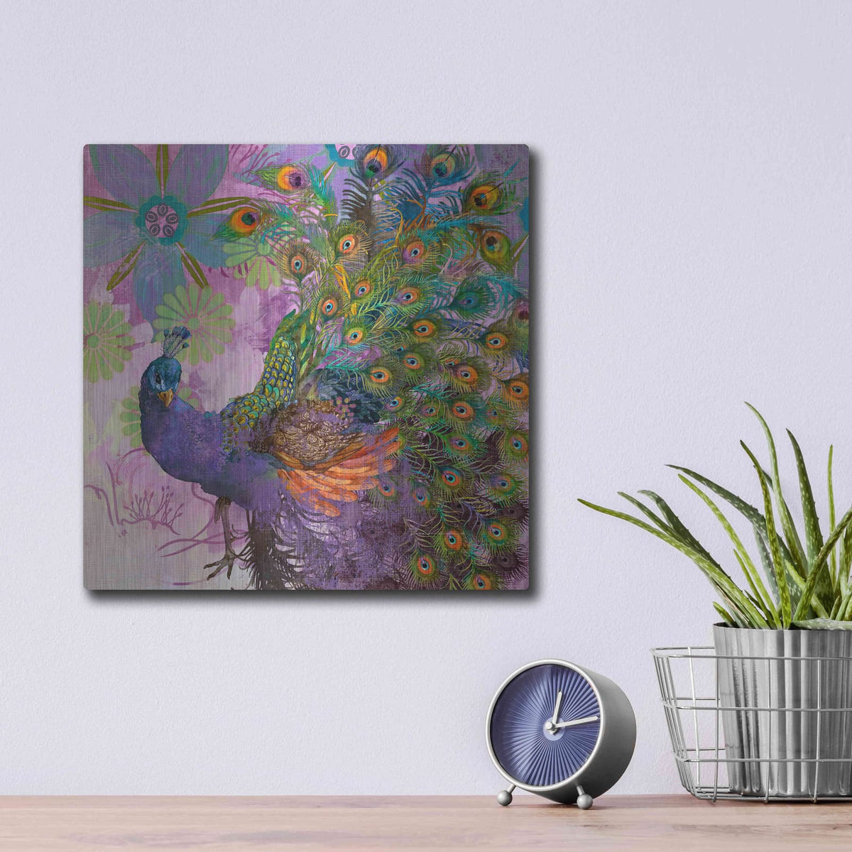 'Peacock Prance' by Evelia Designs – Metal Wall Art, 12x12 room view