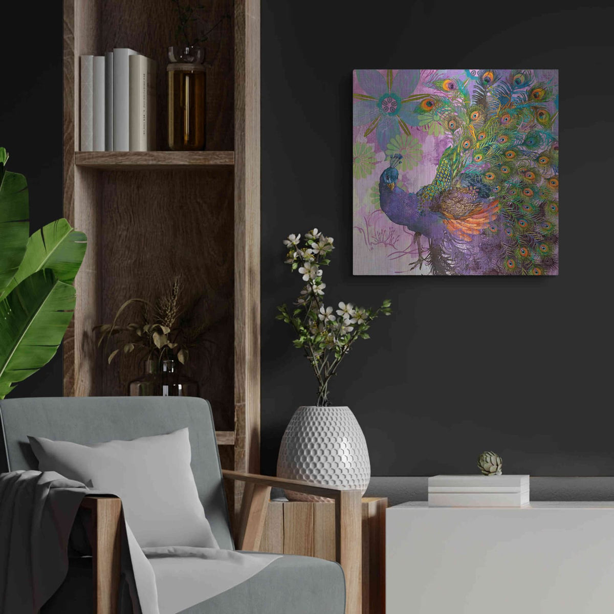 'Peacock Prance' by Evelia Designs – Metal Wall Art, 24x24 room view
