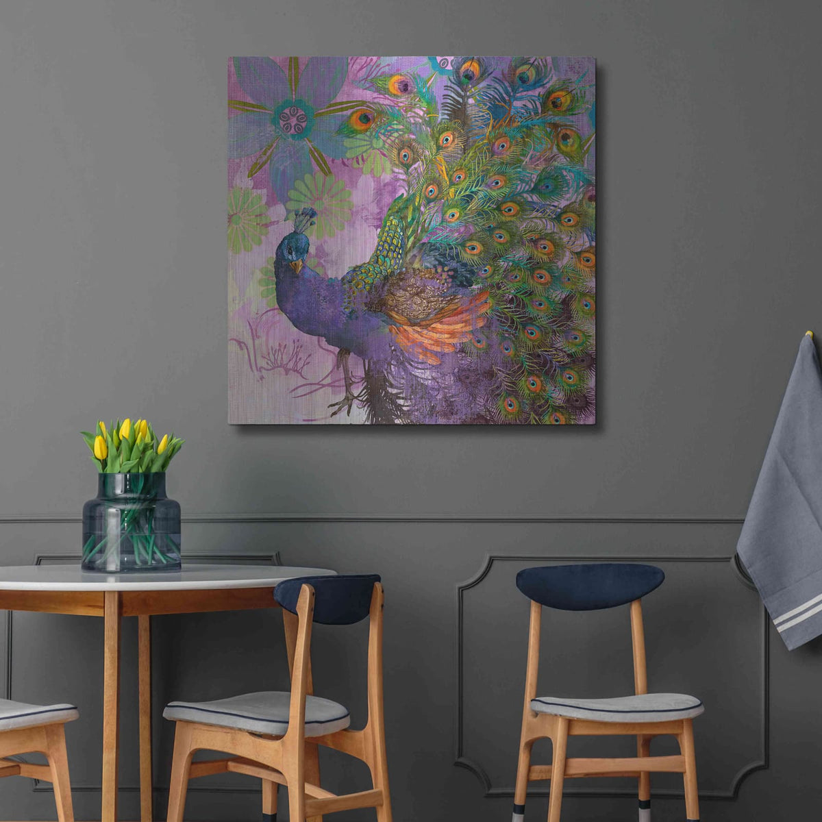 'Peacock Prance' by Evelia Designs – Metal Wall Art, 36x36 room view