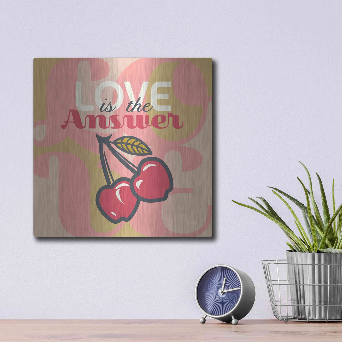 'Love Is The Answer Cherries' by Evelia Designs – Metal Wall Art, 12x12 room view