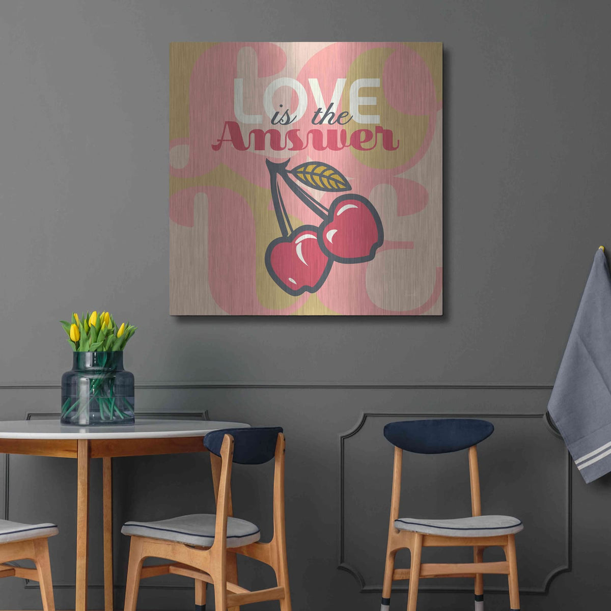 'Love Is The Answer Cherries' by Evelia Designs – Metal Wall Art, 36x36 room view