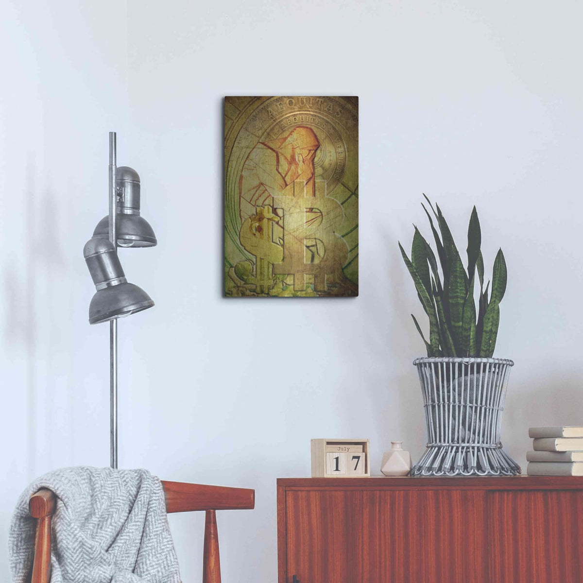 'Bitcoin Deco Eight' by Steve Hunziker – Metal Wall Art, 16x24 room view