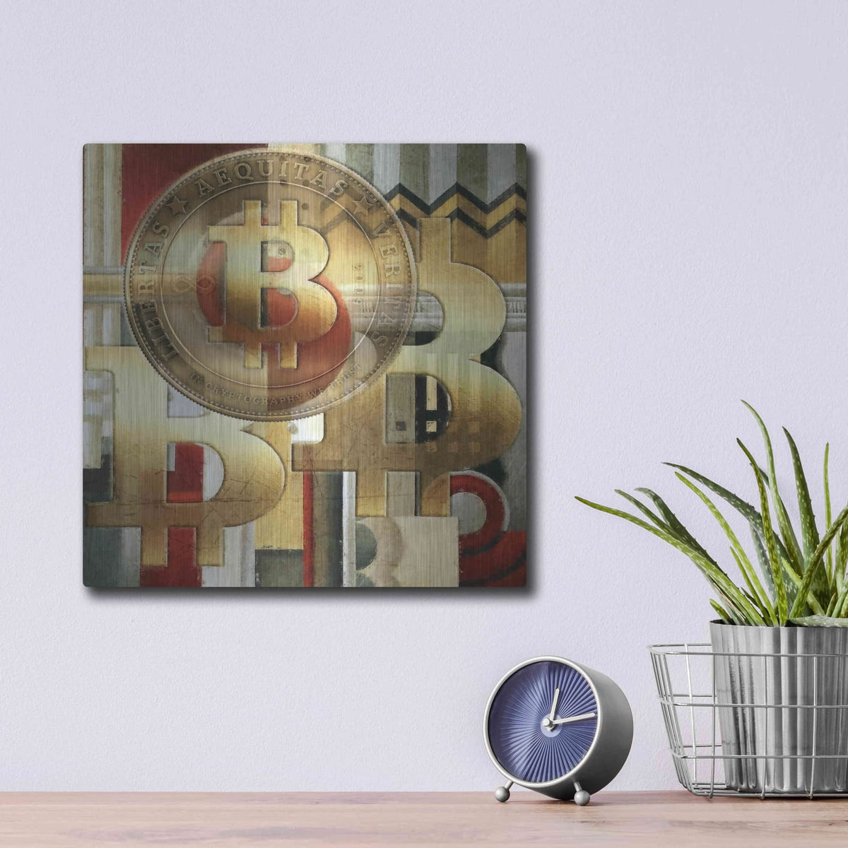 'Bitcoin Deco Seven' by Steve Hunziker – Metal Wall Art, 12x12 room view