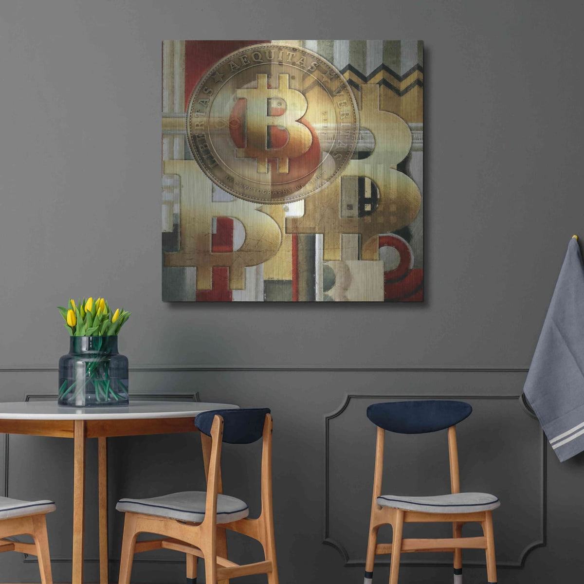 'Bitcoin Deco Seven' by Steve Hunziker – Metal Wall Art, 36x36 room view