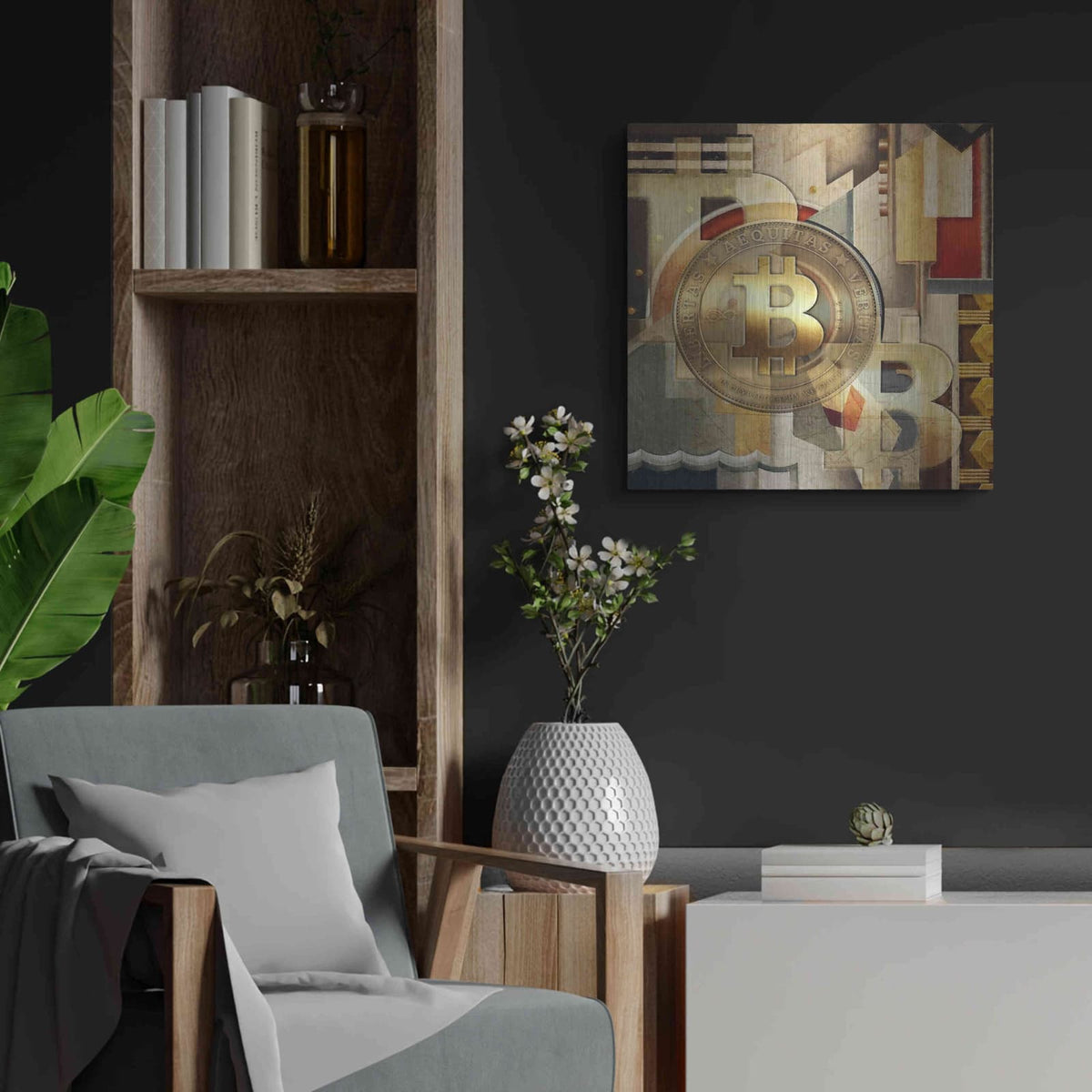 'Bitcoin Deco Six' by Steve Hunziker – Metal Wall Art, 24x24 room view
