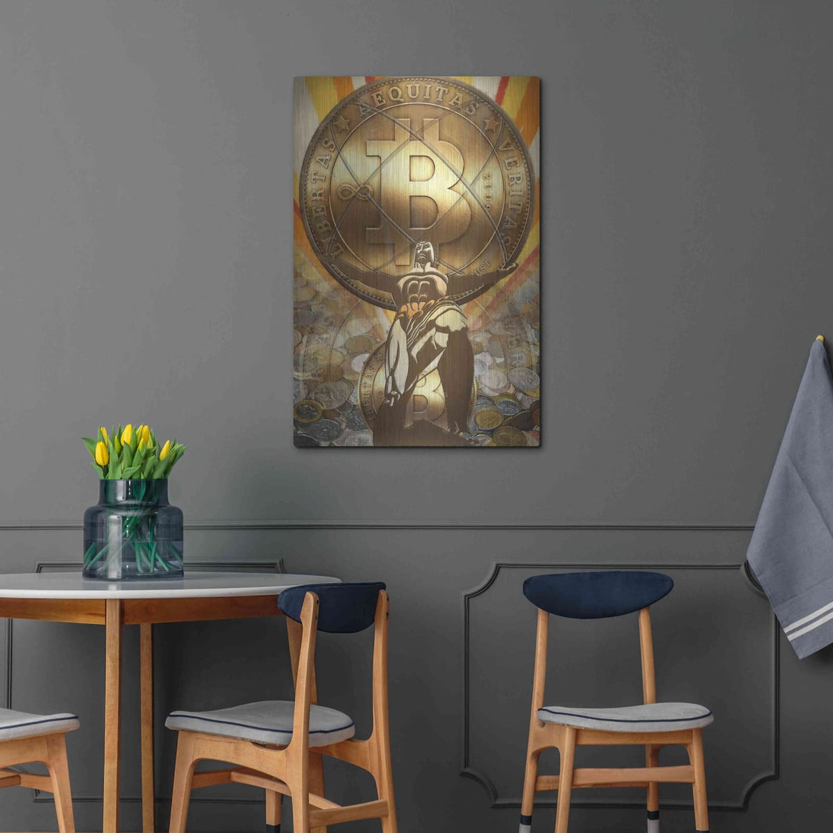 'Bitcoin Deco Four' by Steve Hunziker – Metal Wall Art, 24x36 room view